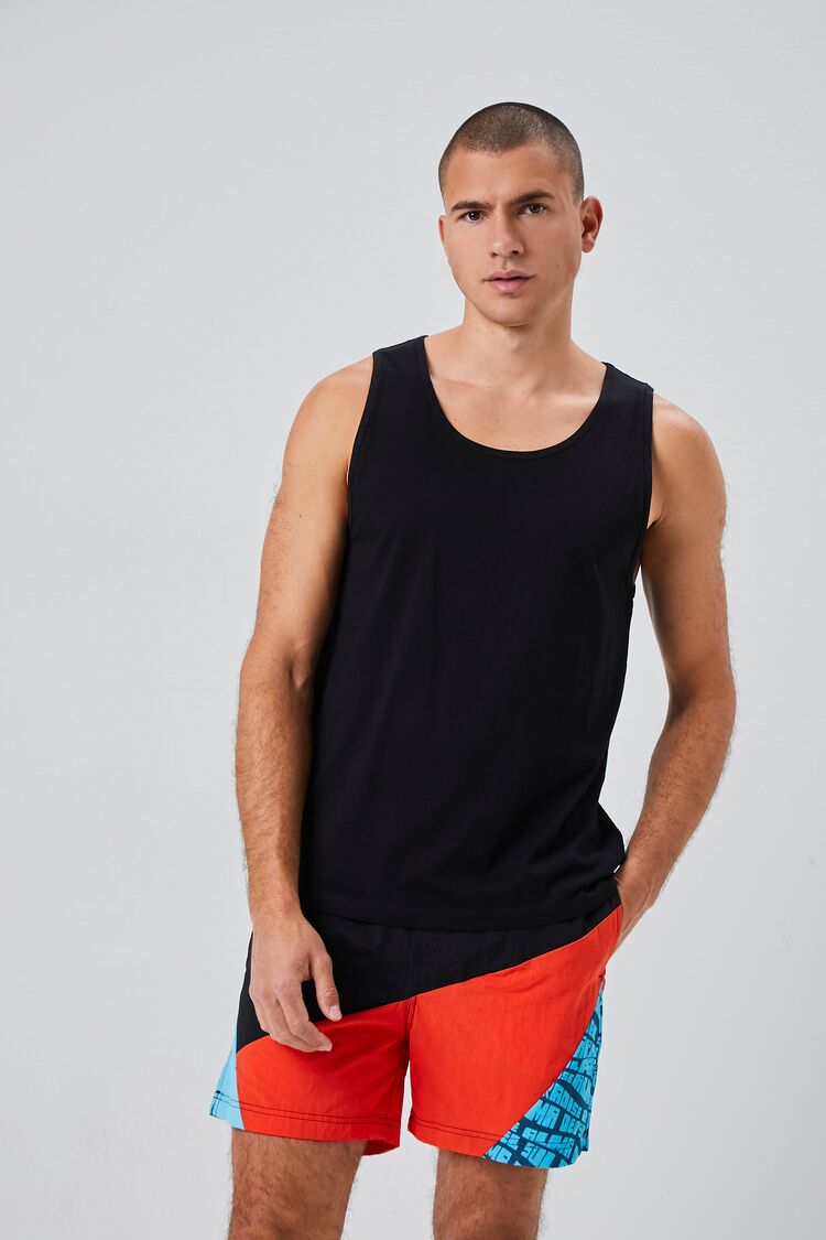 Forever 21 Men's Recycled Nylon Paradise Graphic Swim Trunks Black/Multi