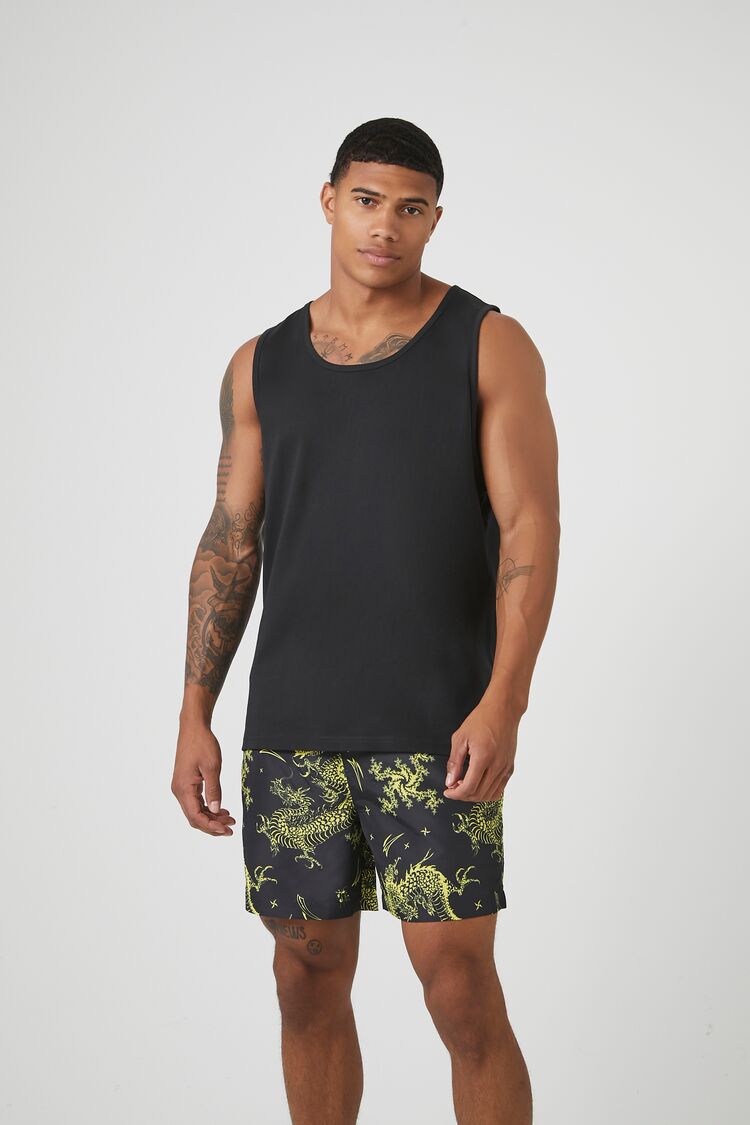 Forever 21 Men's Dragon Print Swim Trunks Black/Yellow