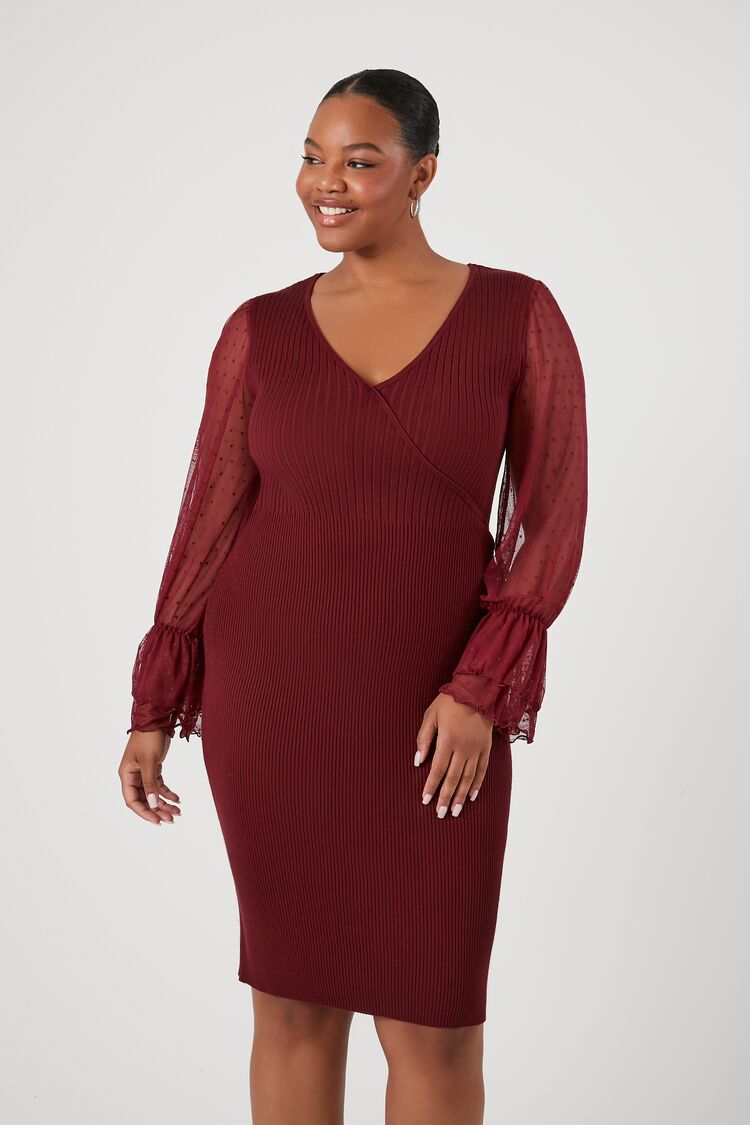 Forever 21 Plus Women's Surplice Clip-Dot Midi Dress Burgundy