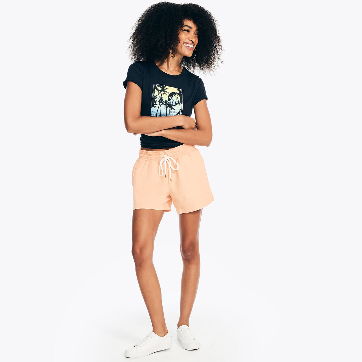 Nautica Women's Sustainably Crafted 4.5" Smocked Pull-On Linen Short Fire Orange