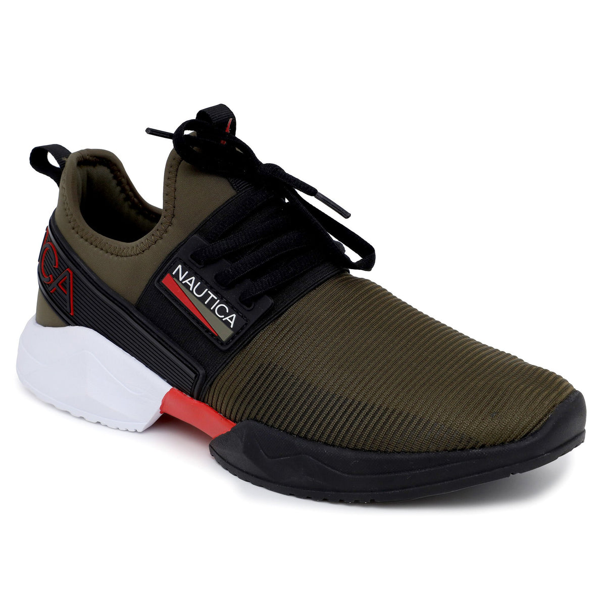 Nautica Men's Embossed Striped Logo Mesh Sneaker Olive