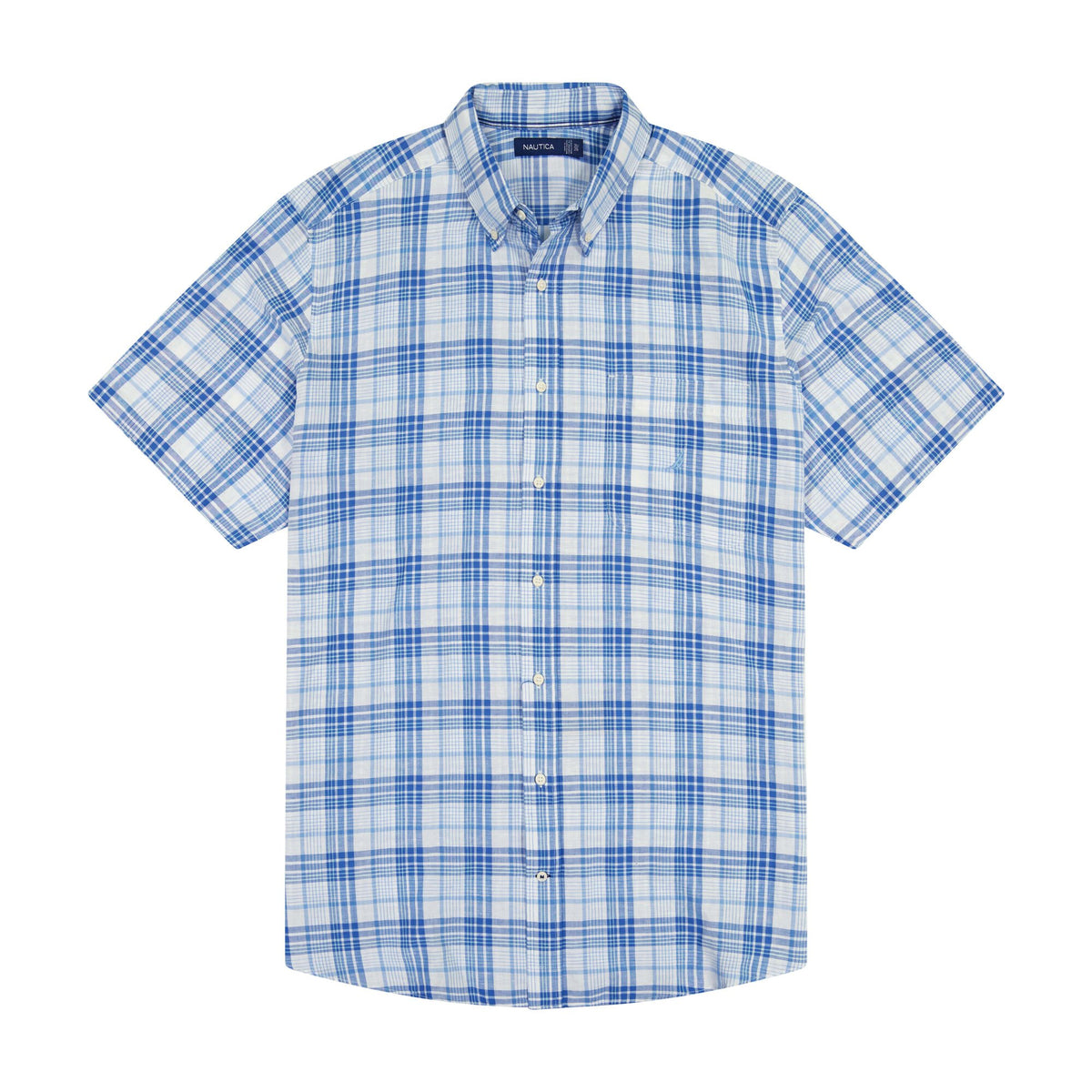 Nautica Men's Big & Tall Plaid Linen Short-Sleeve Shirt Bright White
