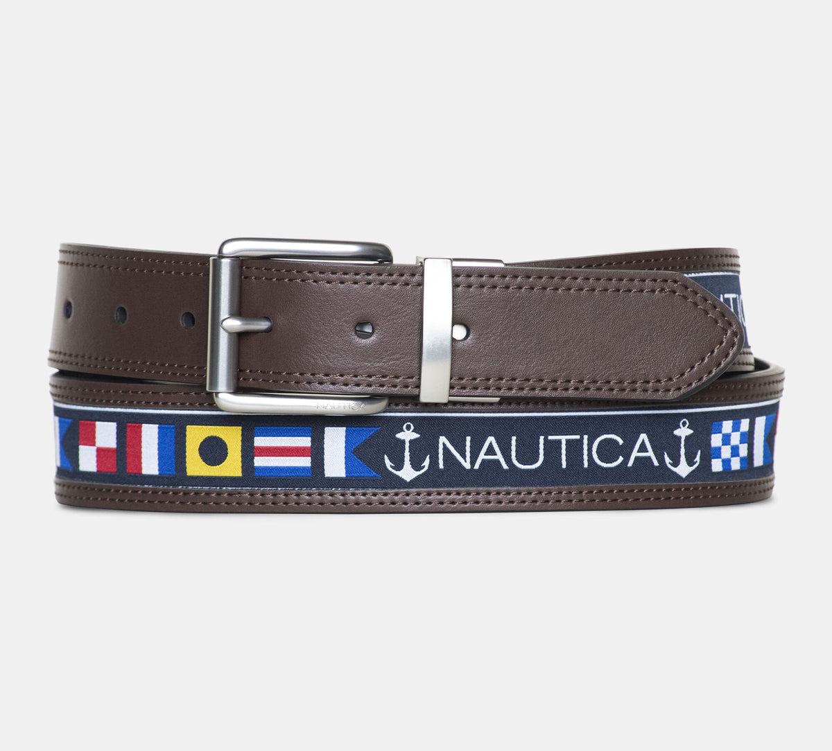Nautica Men's Reversible Flag Belt Brown Stone