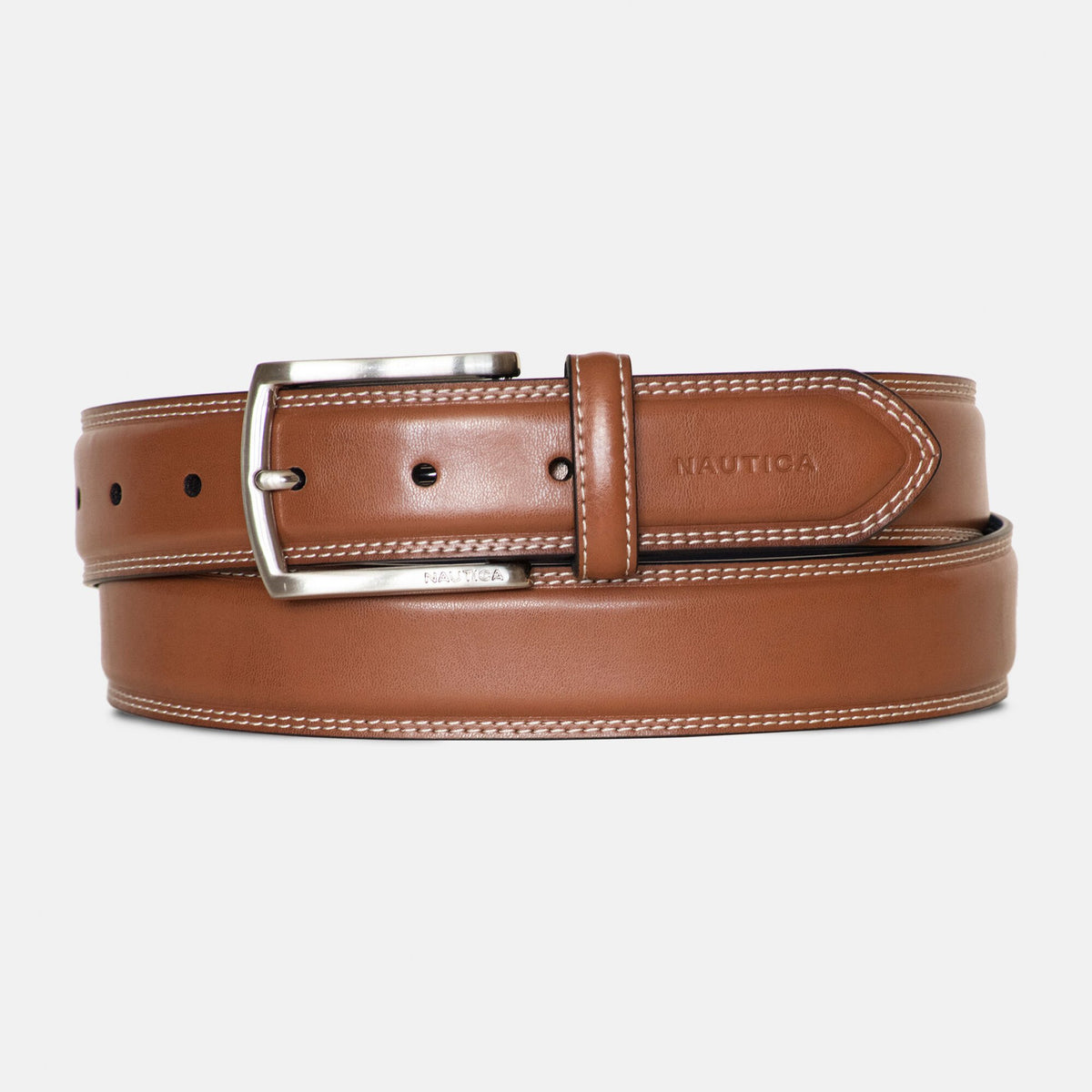 Nautica Men's Double-Stitch Leather Belt Brown Stone