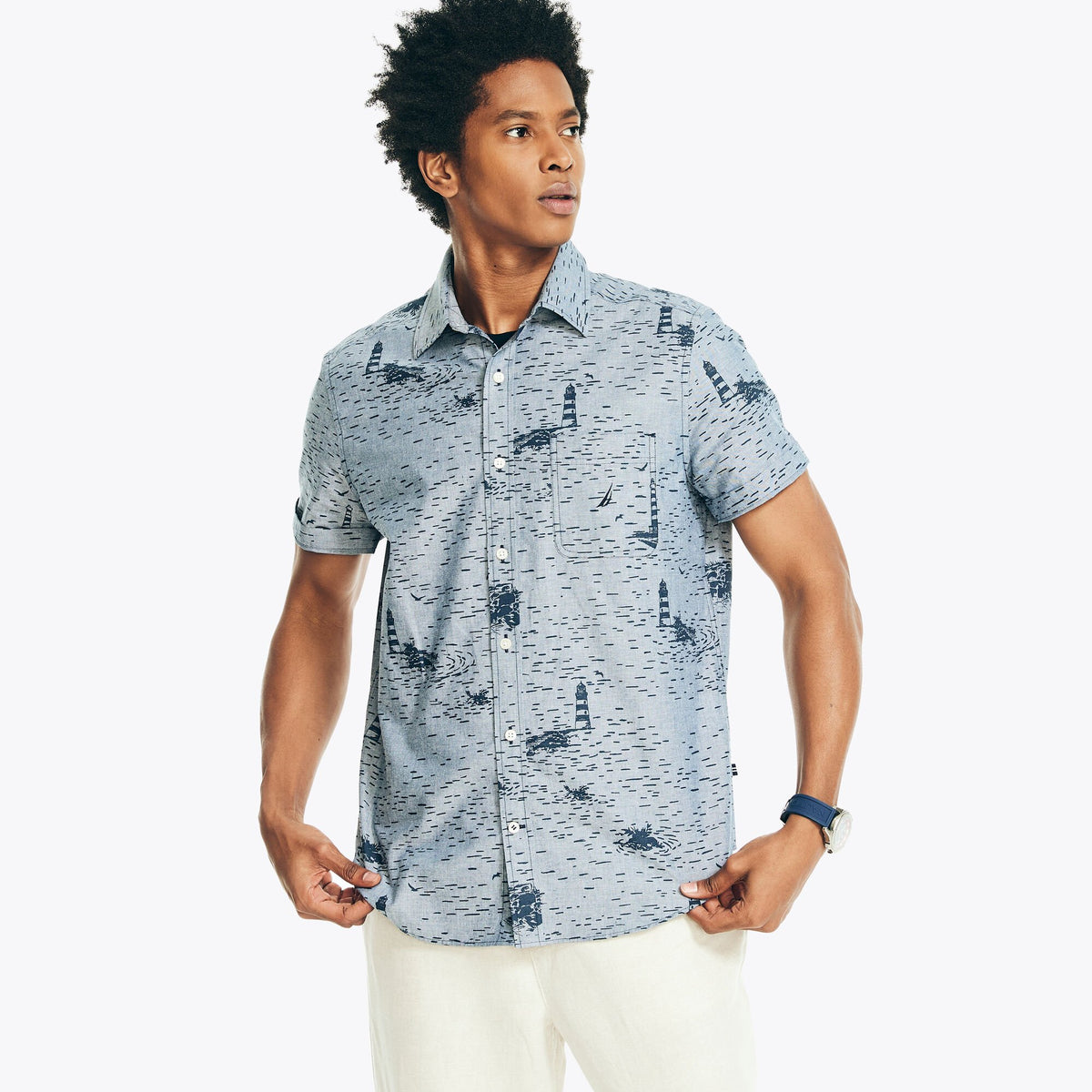 Nautica Men's Printed Chambray Short-Sleeve Shirt Lapis Blue
