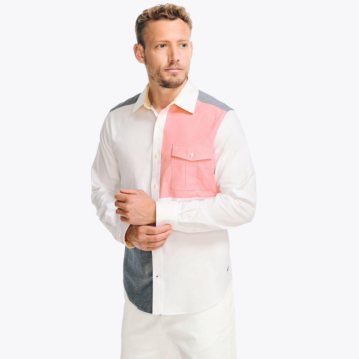 Nautica Men's Colorblock Oxford Shirt Bright White
