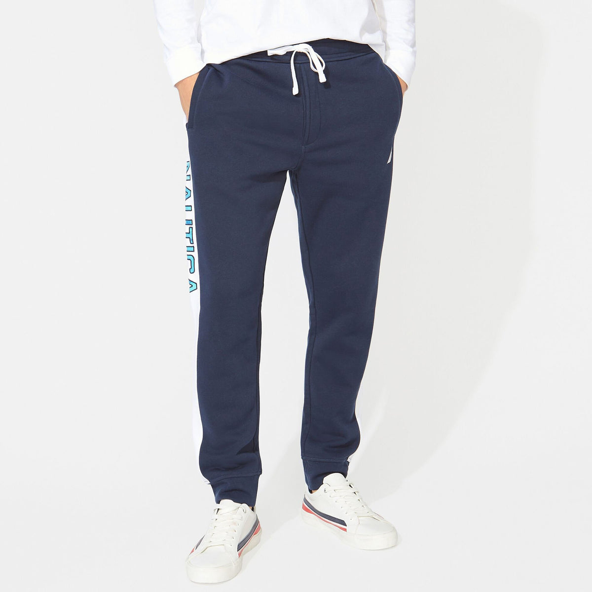 Nautica Men's Big & Tall Side Stripe Logo Track Pants Navy
