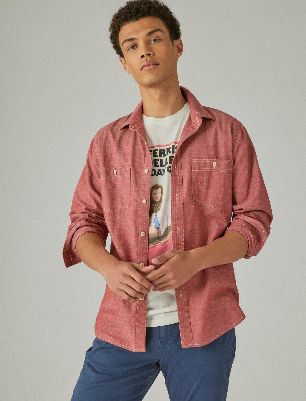 Lucky Brand Chambray Utility Long Sleeve Shirt Red Chambray