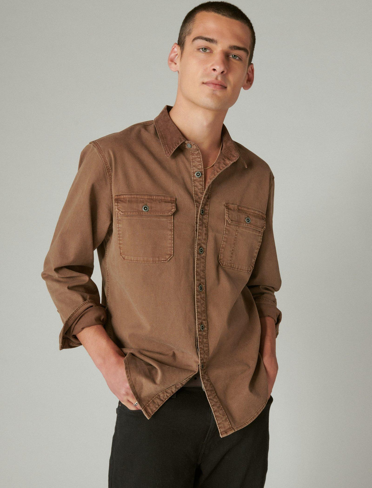 Lucky Brand Corduroy Collar Washed Utility Long Sleeve Shirt Coffee Liqueur