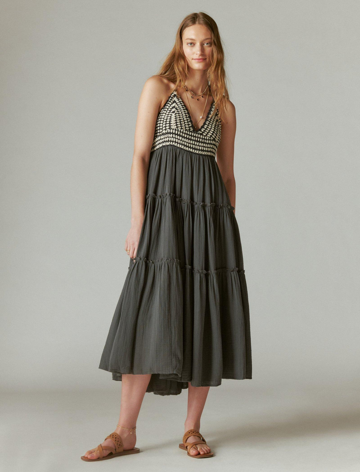 Lucky Brand Crochet Trim Maxi Dress Washed Black