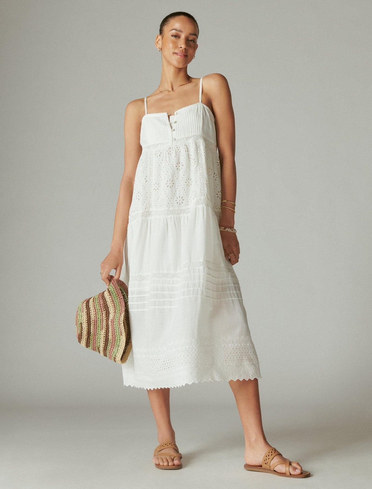 Lucky Brand Cutwork Paneled Maxi Dress Whisper White