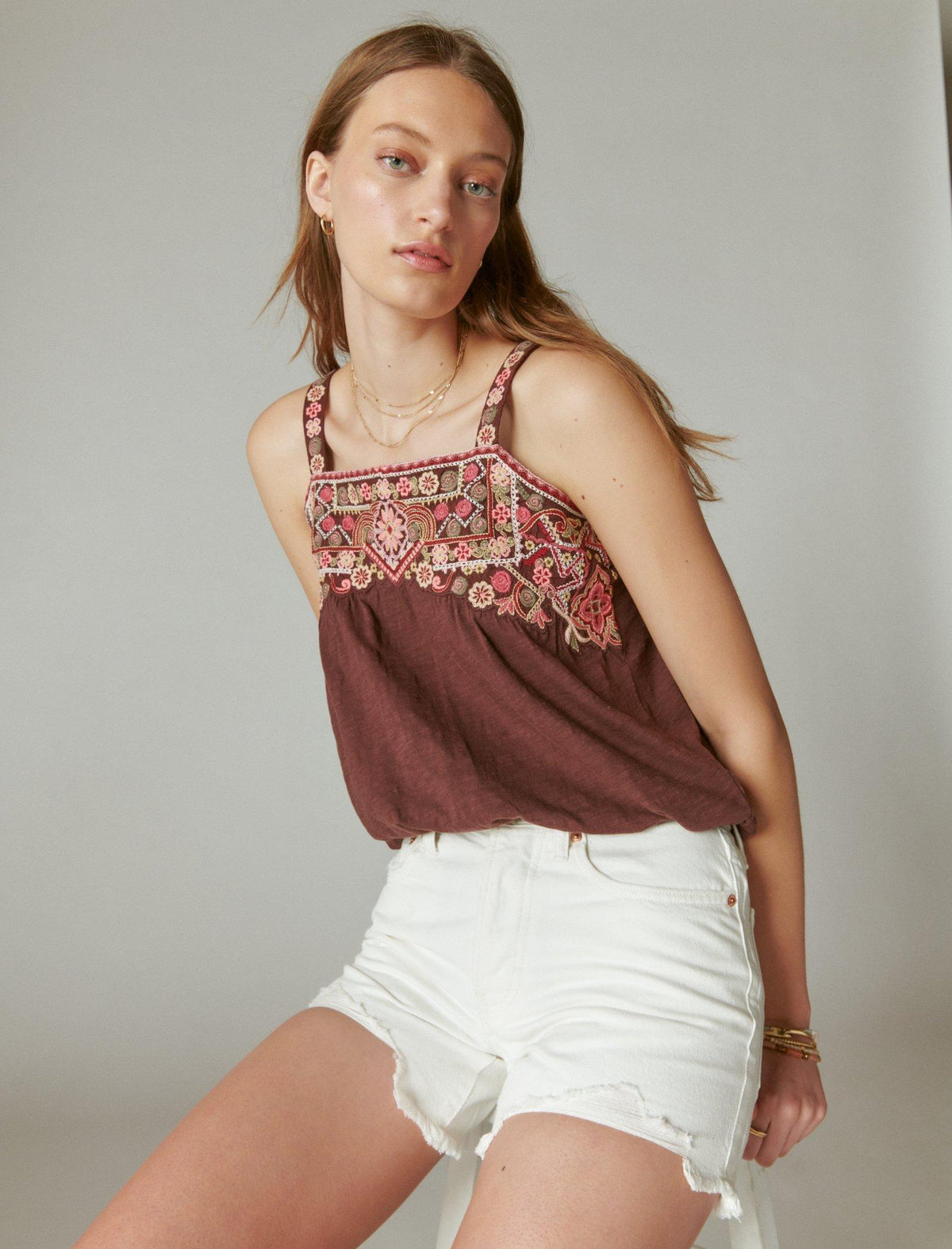 Lucky Brand Floral Embroidered Bubble Tank French Roast