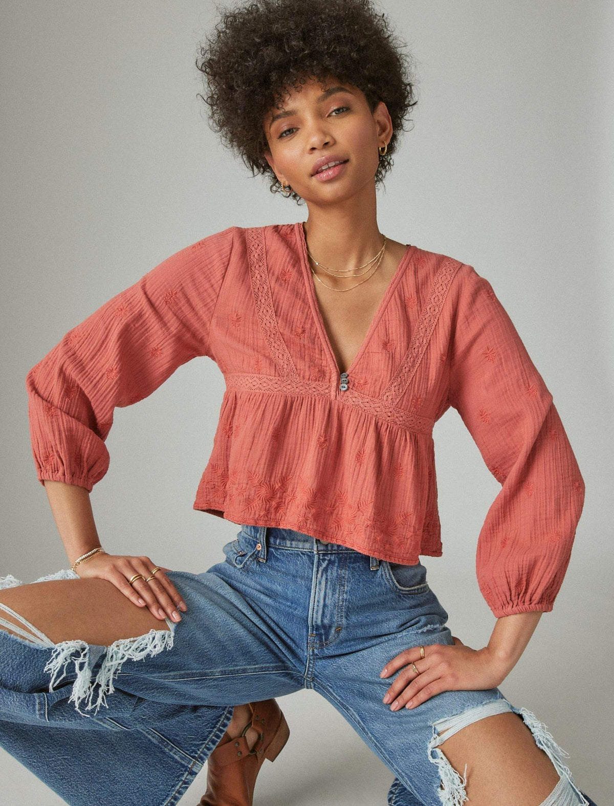 Lucky Brand Lace Inset Babydoll Top Redwood Burl