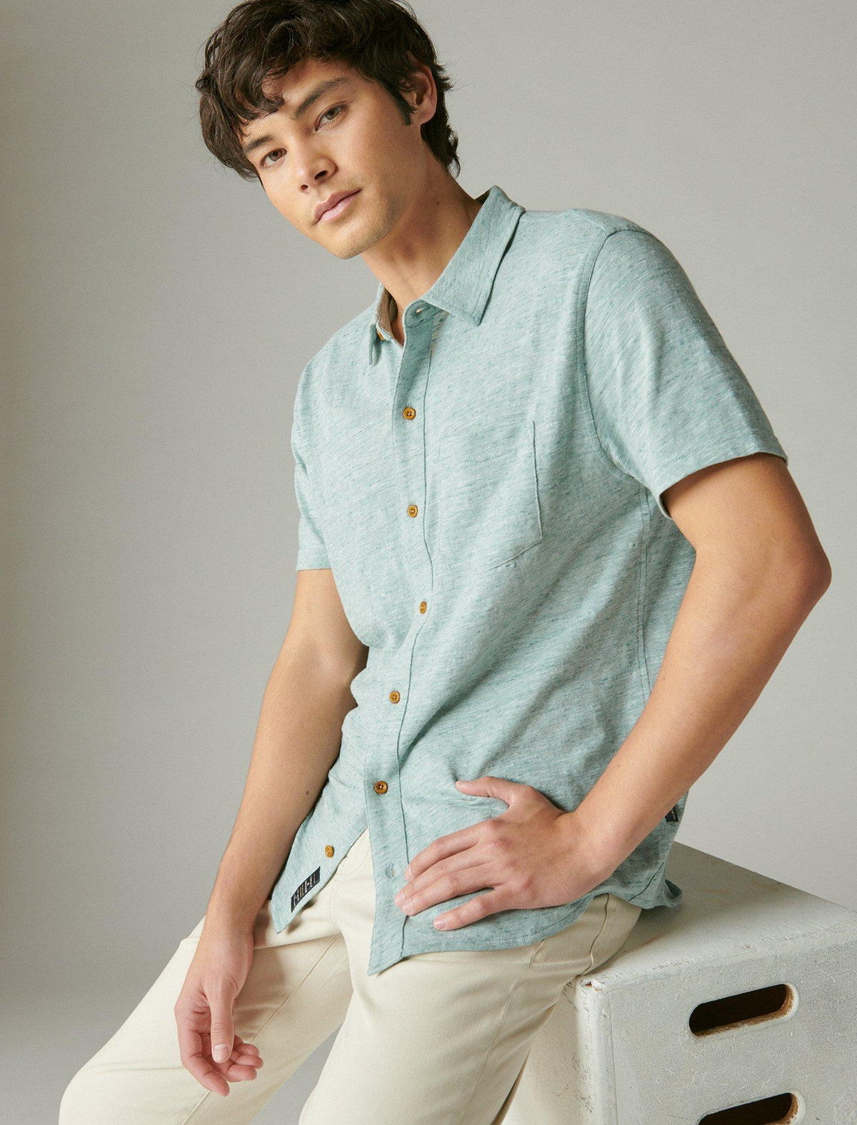 Lucky Brand Linen Short Sleeve Button Up Shirt Sagebrush Green