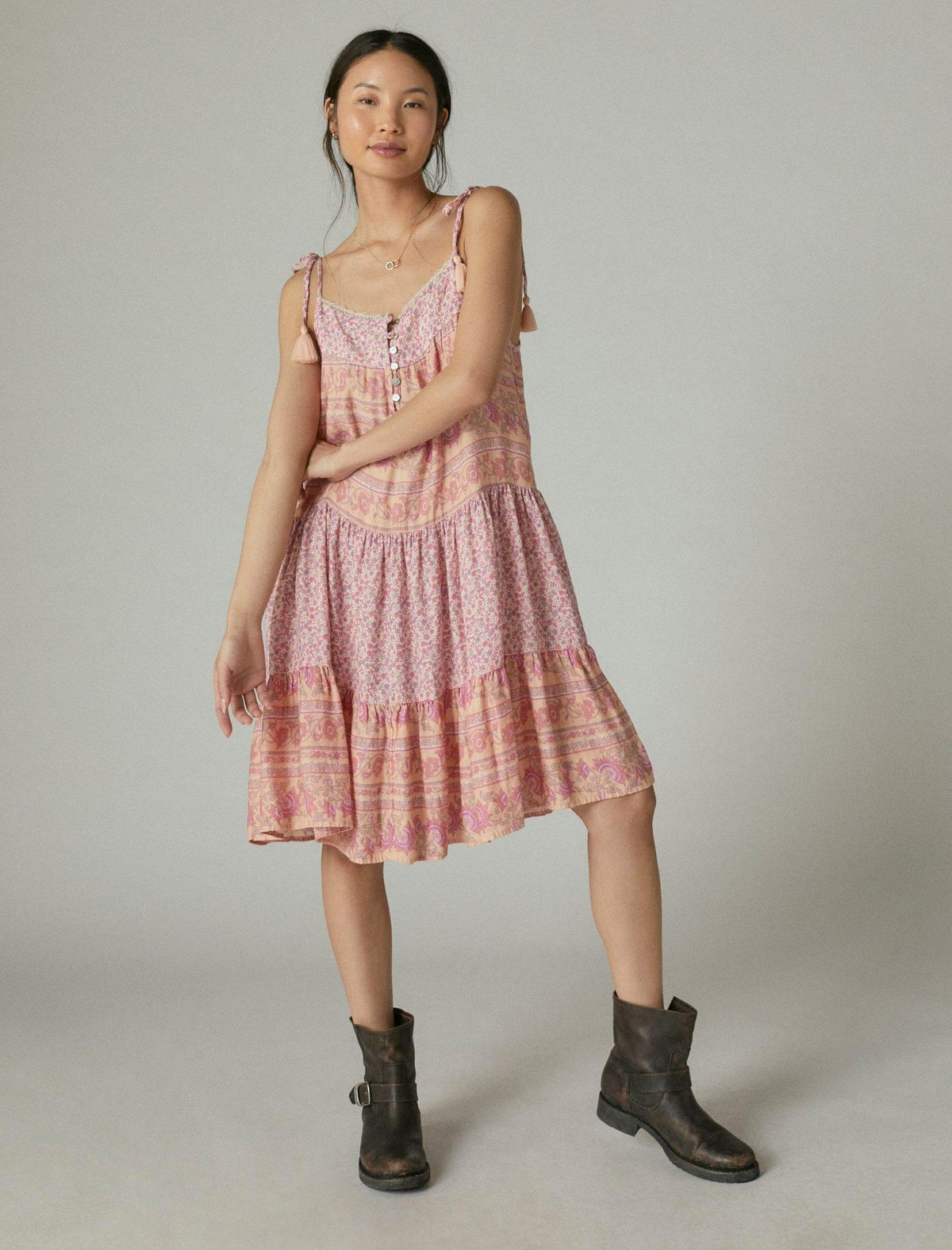 Lucky Brand Mixed Print Tie Sleeve Tiered Dress Peach Multi