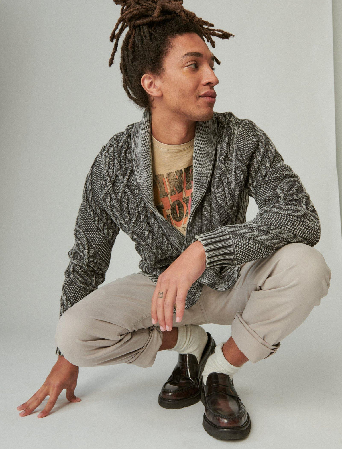 Lucky Brand Overdye Cable Cardigan Blackened Pearl Wash