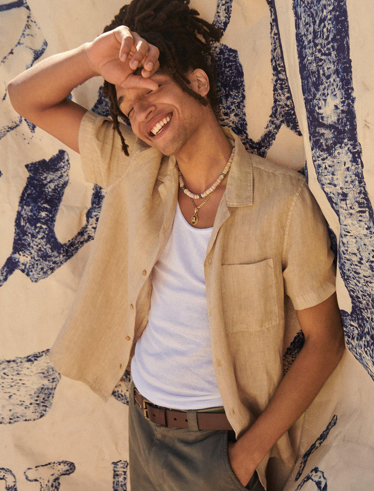 Lucky Brand Solid Linen Short Sleeve Camp Collar Shirt Aluminum