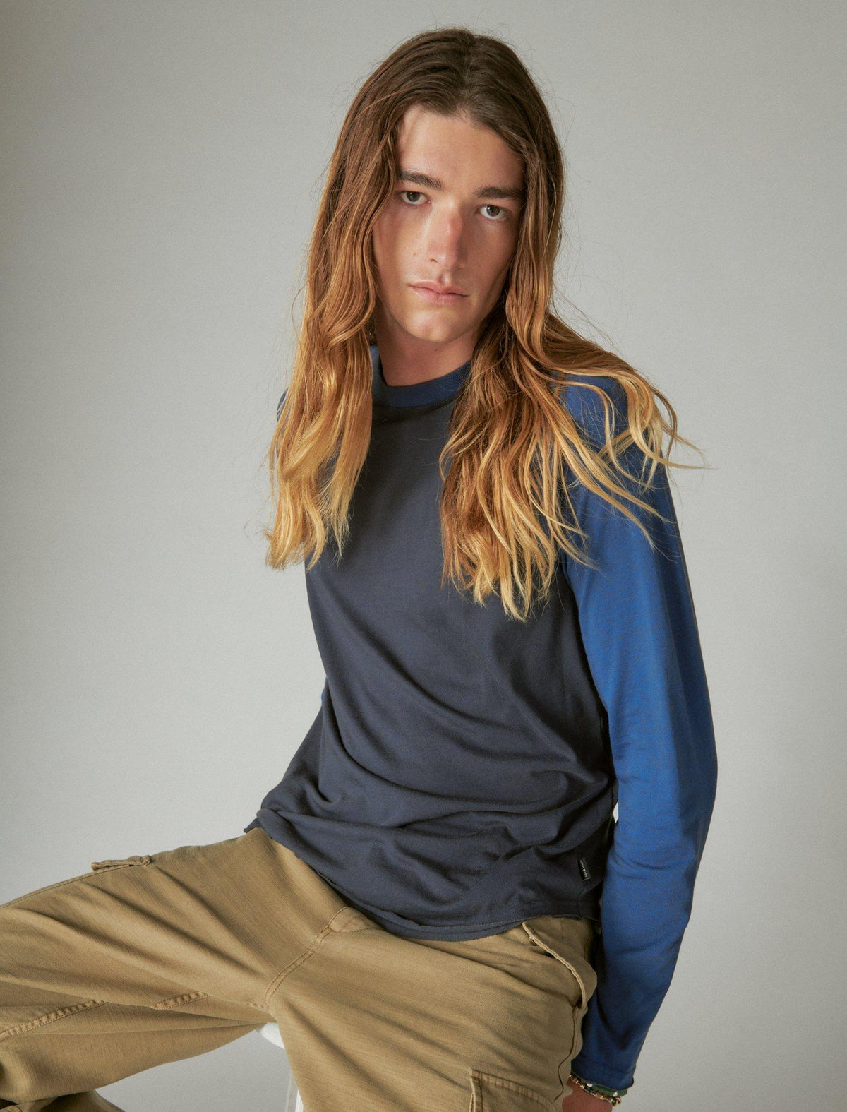 Lucky Brand Venice Burnout Long Sleeve Color Block Crew Neck Blue Multi