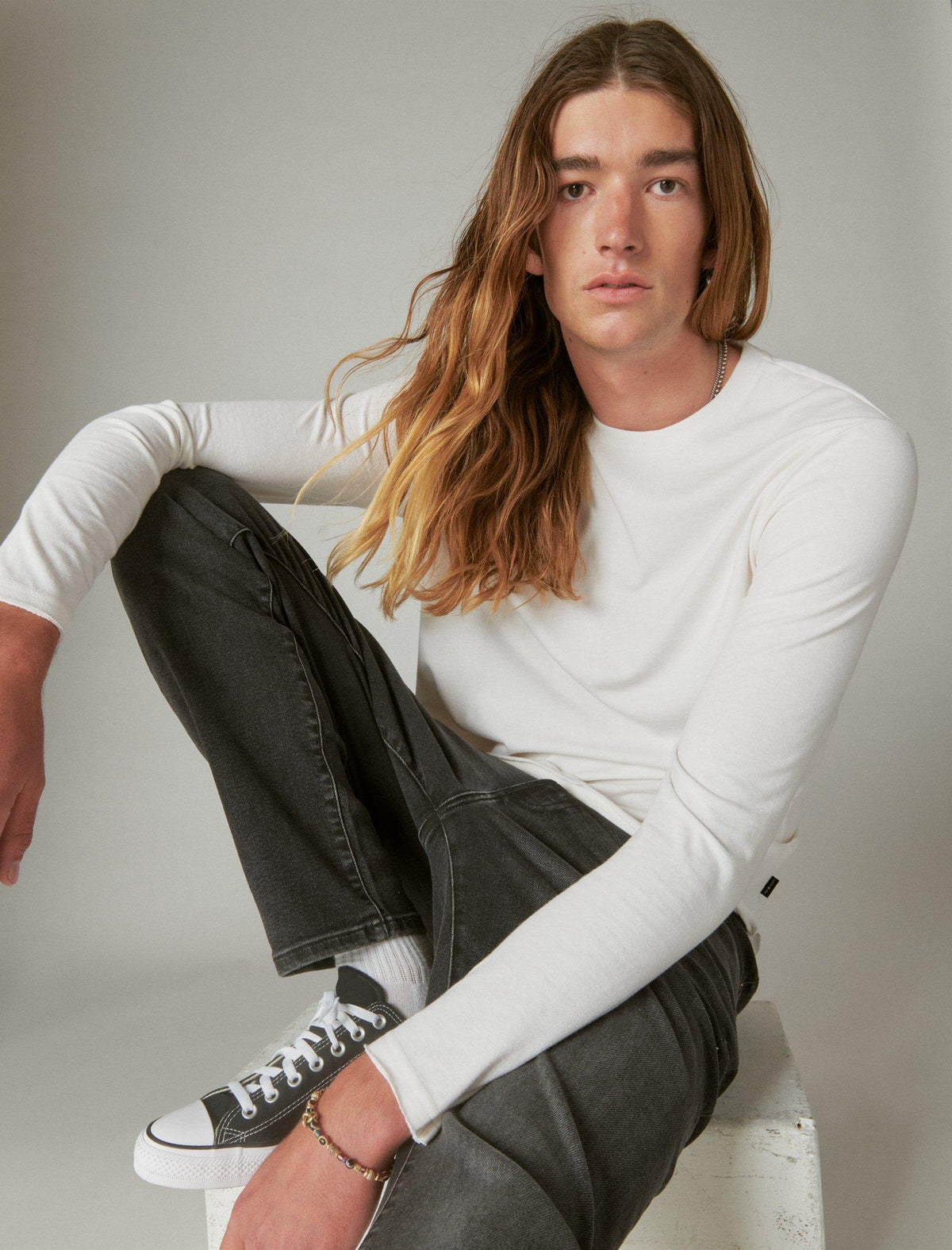 Lucky Brand Venice Burnout Long Sleeve Crew Neck Marshmallow