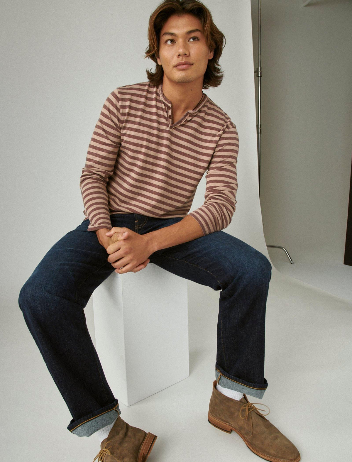 Lucky Brand Venice Burnout Stripe Long Sleeve Notch Neck Multi