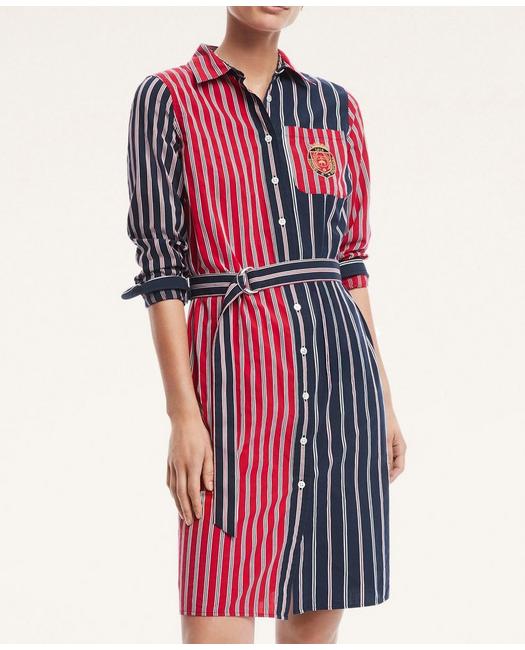 Brooks Brothers Women's Cotton Preppy Fun Stripe Shirt Dress Red/Navy