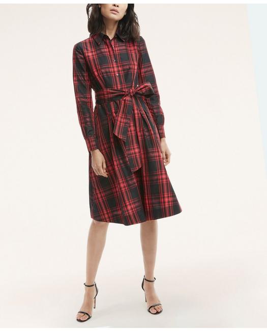 Brooks Brothers Women's Taffeta Tartan Pleated Shirt Dress Black/Red