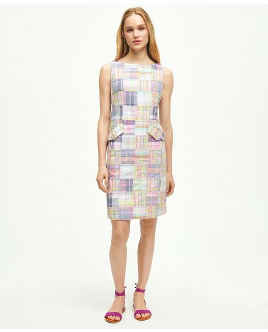 Brooks Brothers Women's Cotton Madras Flap Pocket Shift Dress Pink