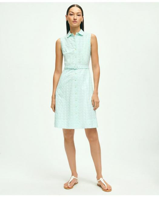 Brooks Brothers Women's Sleeveless Cotton Eyelet Belted Shirt Dress Aqua