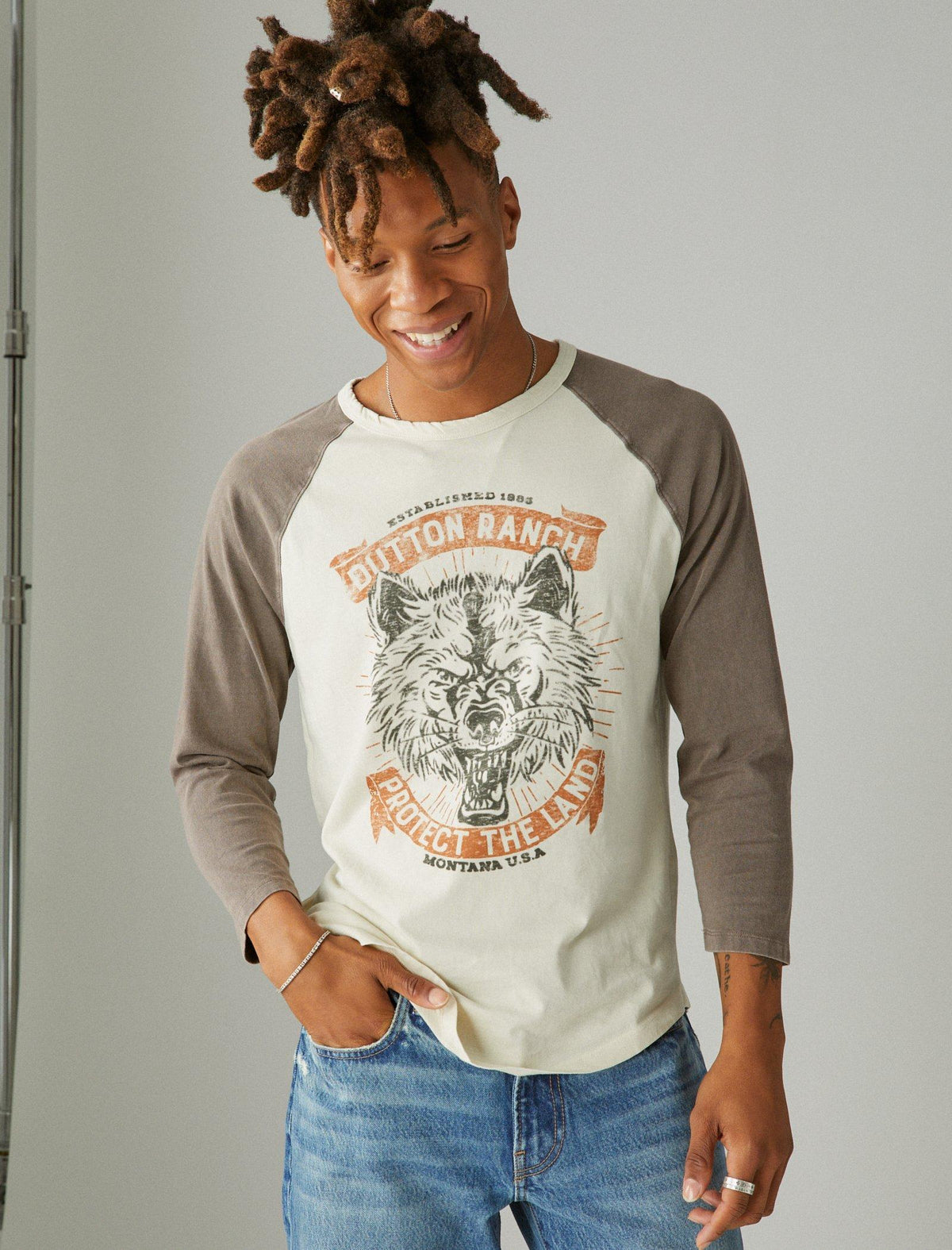 Lucky Brand Yellowstone Protect The Land Raglan Tee White Asparagus